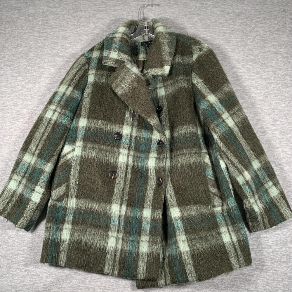 Halogen Coat Womens XL Green Plaid Tweed Pea Coat Button Front Lined Mid Length